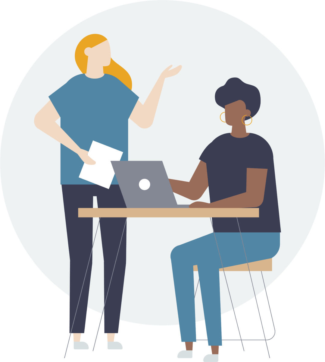 two people talking over a laptop